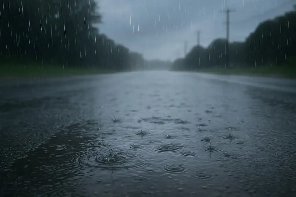 Močan dež pada na prazno cesto ob temnem nebu, kaplje povzročajo kroge v vodi na asfaltu.