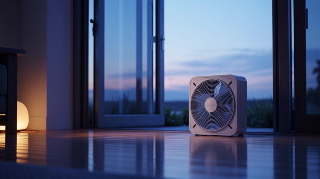 Pravilna uporaba ventilatorja za hlajenje stanovanja z izpihovanjem vročega zraka skozi okno.