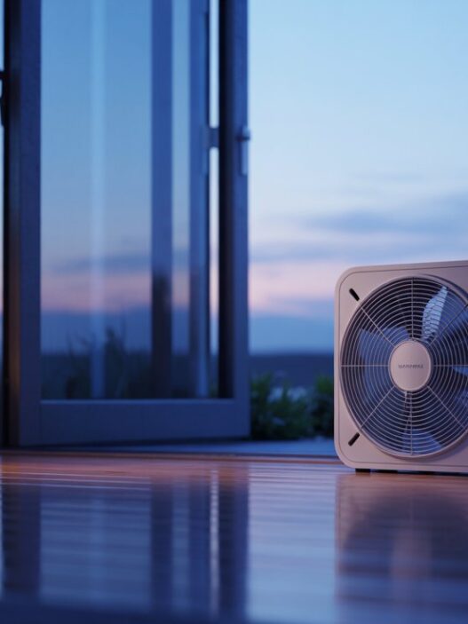 Pravilna uporaba ventilatorja za hlajenje stanovanja z izpihovanjem vročega zraka skozi okno.