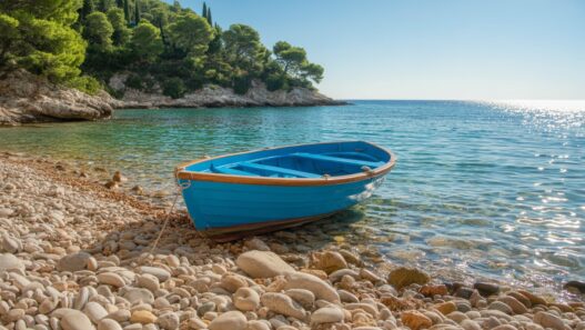 Realistična fotografija sončne jadranske obale s kristalno čisto turkizno vodo in prodnato plažo, ki vabi na kopanje.