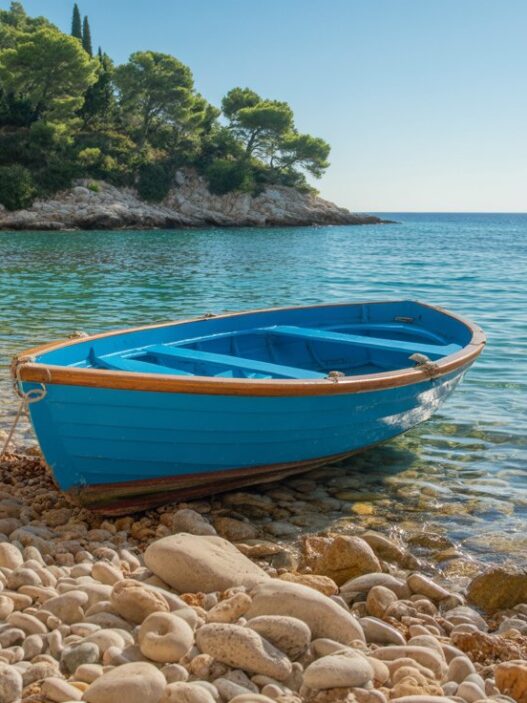 Realistična fotografija sončne jadranske obale s kristalno čisto turkizno vodo in prodnato plažo, ki vabi na kopanje.