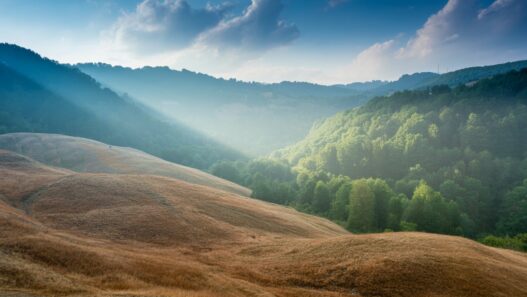 Poletna vročina nad slovensko pokrajino s soncem in naravno pokrajino v ozadju