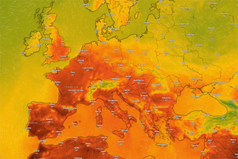 Temperaturni zemljevid Evrope, ki prikazuje obseg vročinskega vala junija 2025. Oranžne in rdeče barve prekrivajo južno, zahodno in srednjo Evropo, kar ponazarja območja z izjemno visokimi temperaturami.