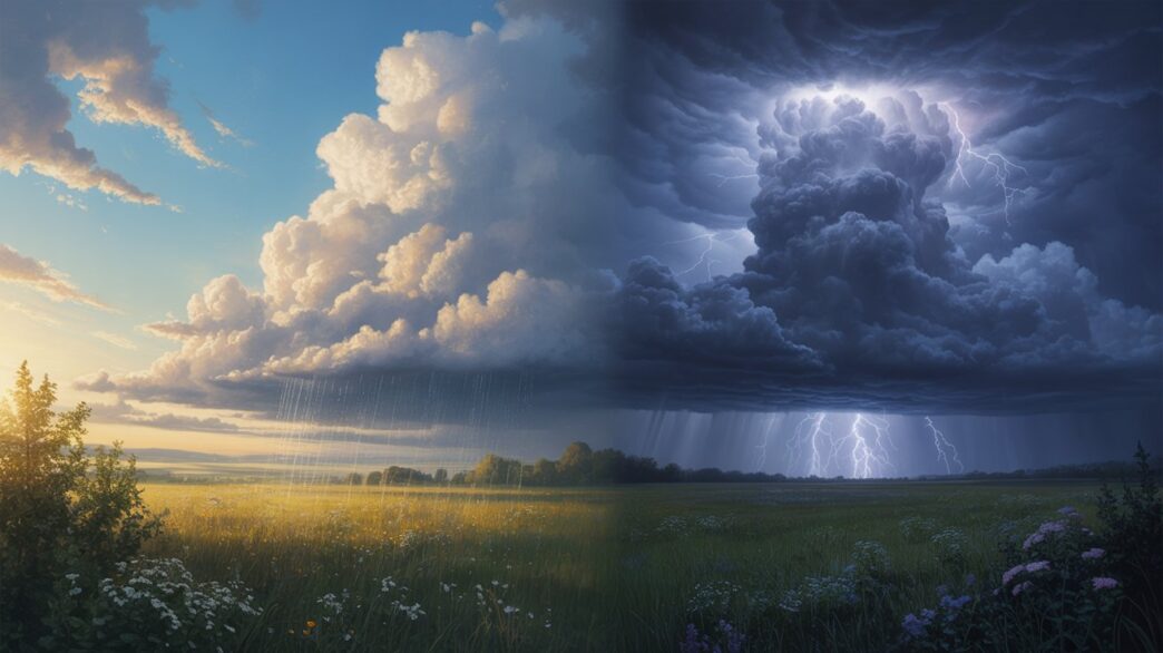 Vizualna primerjava med poletno ploho, kjer dež pada iz manjšega oblaka ob delni sončni svetlobi, in močno nevihto s temnim kumulonimbusom in strelami.