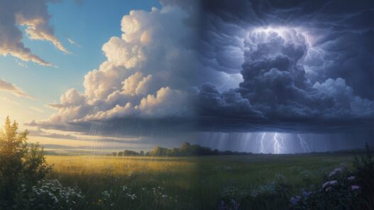 Vizualna primerjava med poletno ploho, kjer dež pada iz manjšega oblaka ob delni sončni svetlobi, in močno nevihto s temnim kumulonimbusom in strelami.