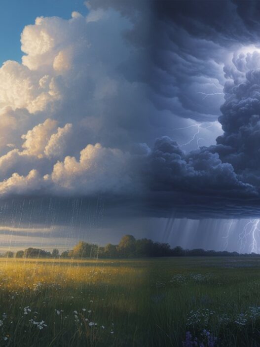 Vizualna primerjava med poletno ploho, kjer dež pada iz manjšega oblaka ob delni sončni svetlobi, in močno nevihto s temnim kumulonimbusom in strelami.