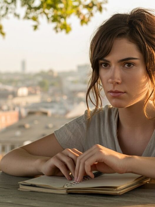 Oseba, ki doživlja poletno "meglo v glavi" in utrujenost zaradi vročine, sedi za mizo v mestu.