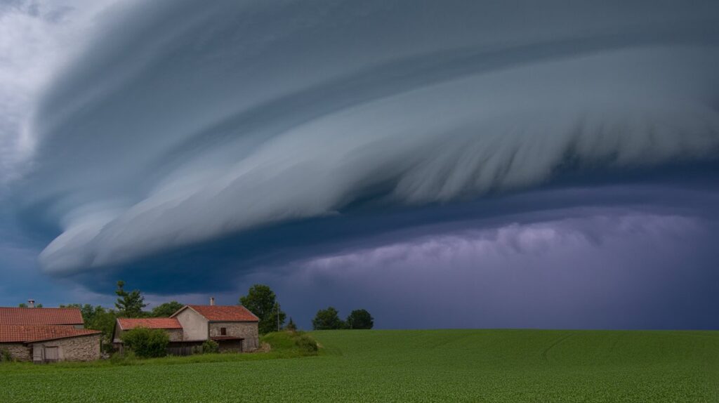 Mogočen poličasti oblak (shelf cloud) se pomika čez pokrajino in naznanja prihod močne nevihte z močnim vetrom in nalivi.