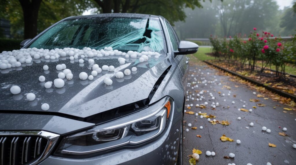 Poškodovan avtomobil z udrtinami in debela plast toče na tleh po močnem poletnem neurju, ki ponazarja uničujočo moč neviht.