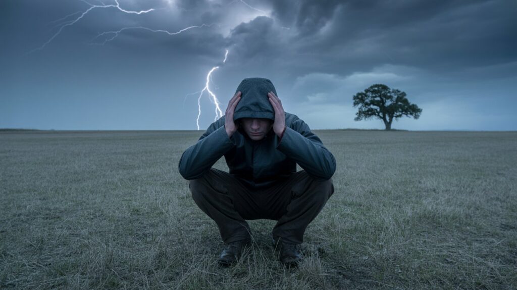 Oseba v pravilnem nevihtnem položaju čepi na odprtem polju in se ščiti pred udarom strele.