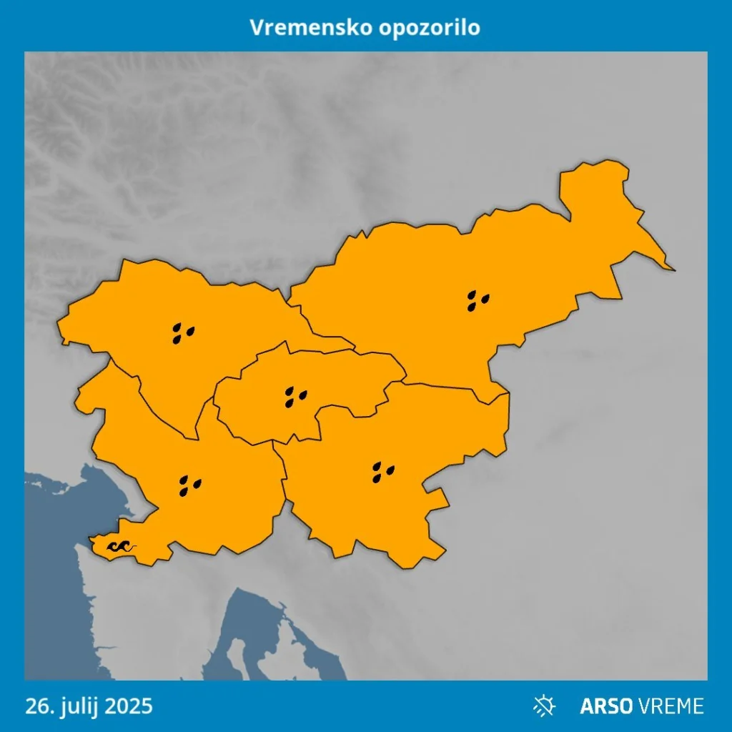 Zemljevid vremenskega opozorila za Slovenijo. Prikazana je oranžna stopnja nevarnosti za celotno državo na dan 26. julij 2025.