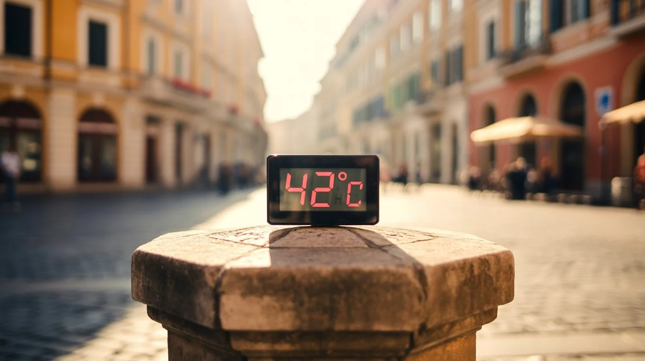 Digitalni termometer v središču evropskega mesta, ki med vročinskim valom kaže 42 stopinj Celzija, kar ponazarja ekstremno vročino v Evropi.