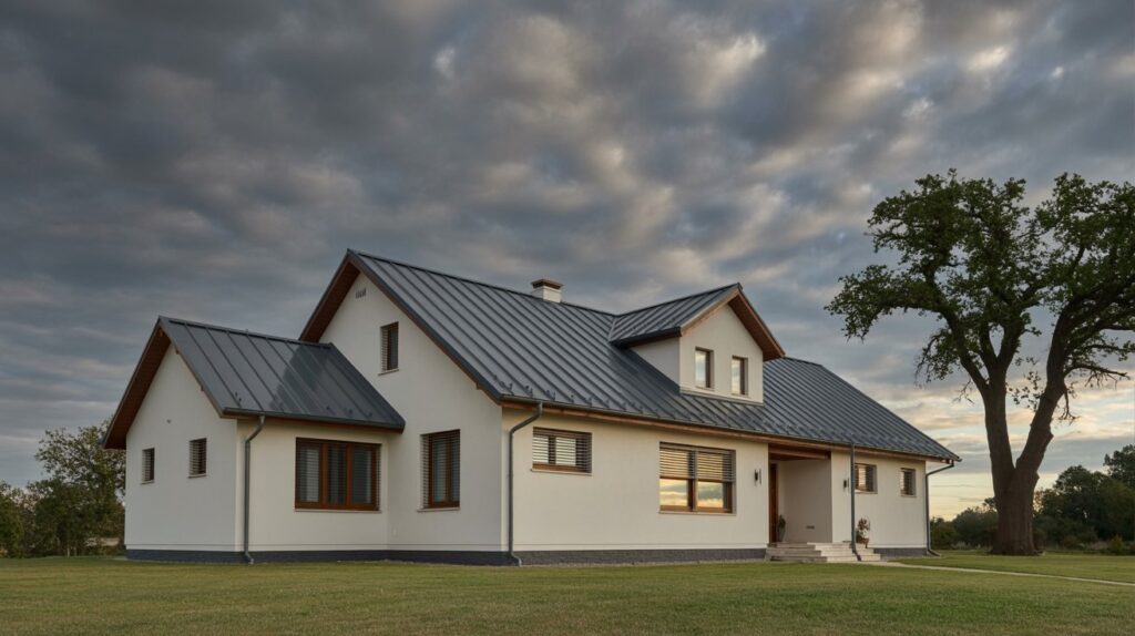 Moderna hiša z roleto in streho, odporno na točo, je pripravljena na prihajajoče neurje.