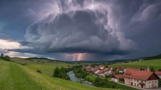 Dramatični nevihtni oblaki nad slovensko pokrajino simbolizirajo potrebo po zaščiti pred točo in strelo.