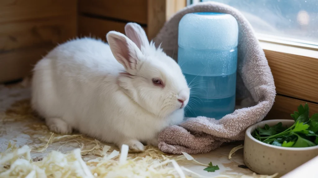 Ljubek kunec se v svoji ogradi hladi tako, da leži ob zamrznjeni plastenki vode, ki je varno ovita v brisačo.