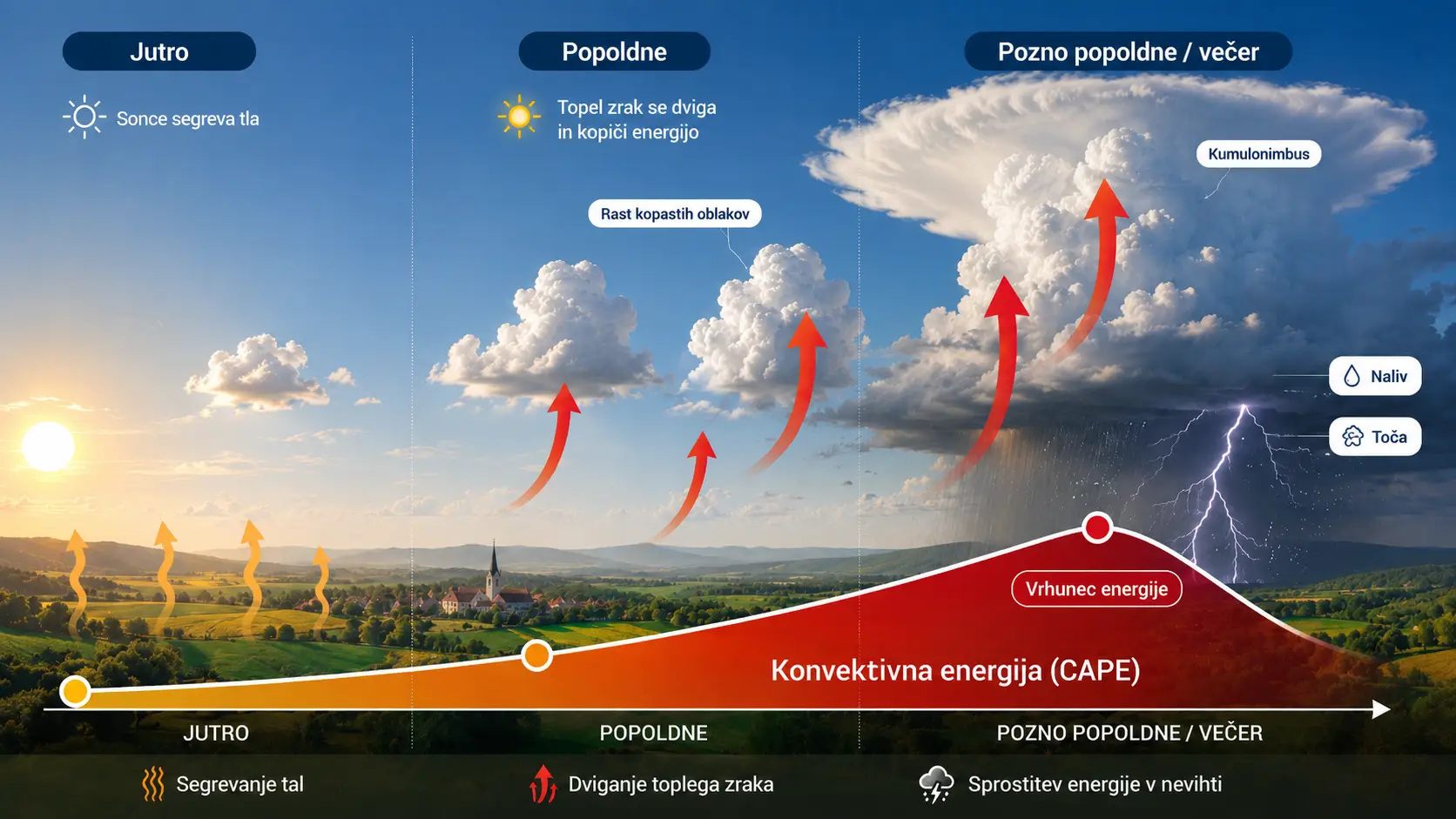 Diagram dnevnega cikla konvekcije: jutranje segrevanje tal, popoldanski vrh konvektivne energije in razvoj nevihtnega oblaka