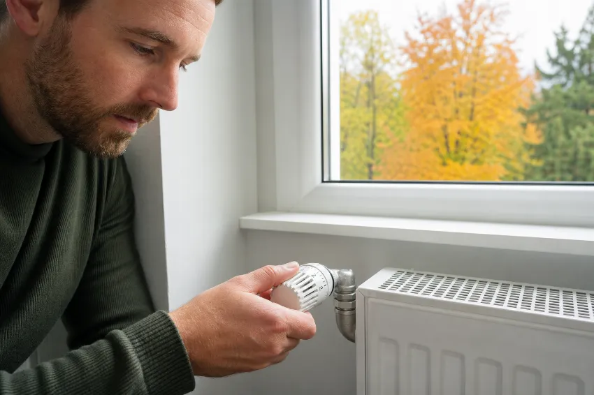 Nastavljanje termostatskega ventila radiatorja ob oknu z jesenskim pogledom