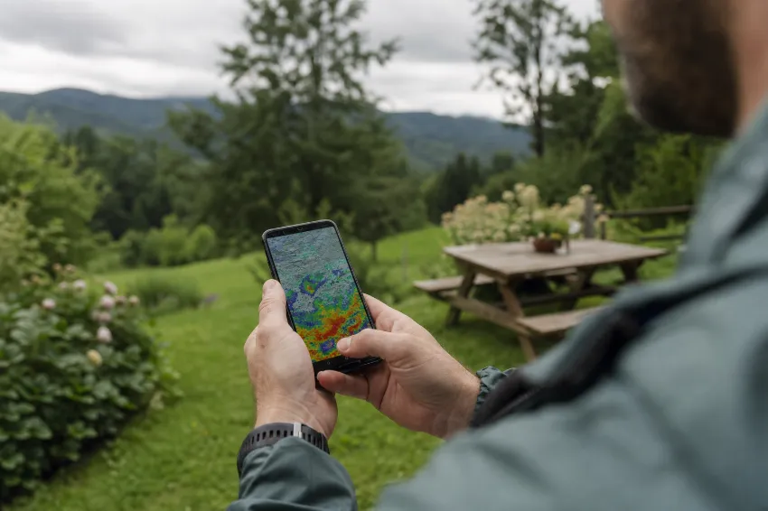 Preverjanje radarske slike padavin na telefonu pred sobotnim piknikom
