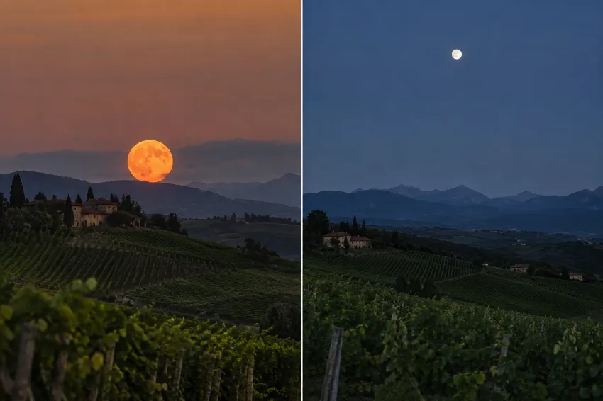 Oranžna Luna ob obzorju in bela Luna visoko na nebu
