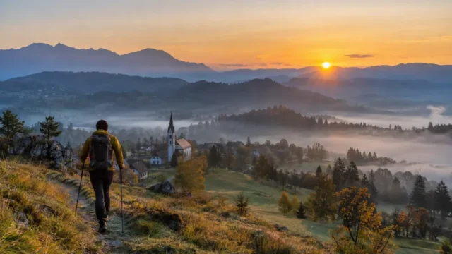 Sončni vzhod na prvi jesenski dan 2026 nad slovensko dolino