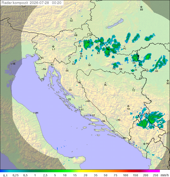 Animirana kompozitna radarska slika padavin nad Hrvaško – DHMZ, osveženo vsakih 5 minut