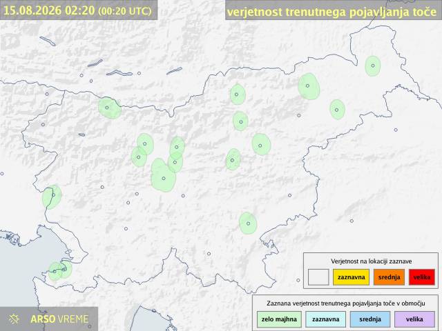 Trenutna verjetnost pojava toče za večja slovenska mesta – ARSO