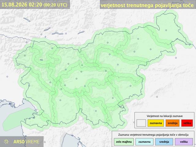 Zemljevid trenutne verjetnosti pojava toče po slovenskih pokrajinah – ARSO